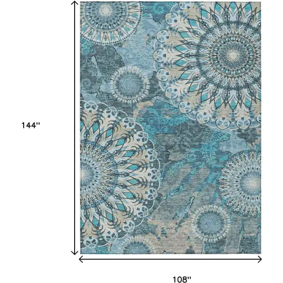 Teal Blue Khaki And Ivory Paisley Washable Indoor Outdoor Area Rug Photo 3