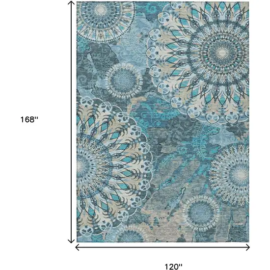 Teal Blue Khaki And Ivory Paisley Washable Indoor Outdoor Area Rug Photo 3