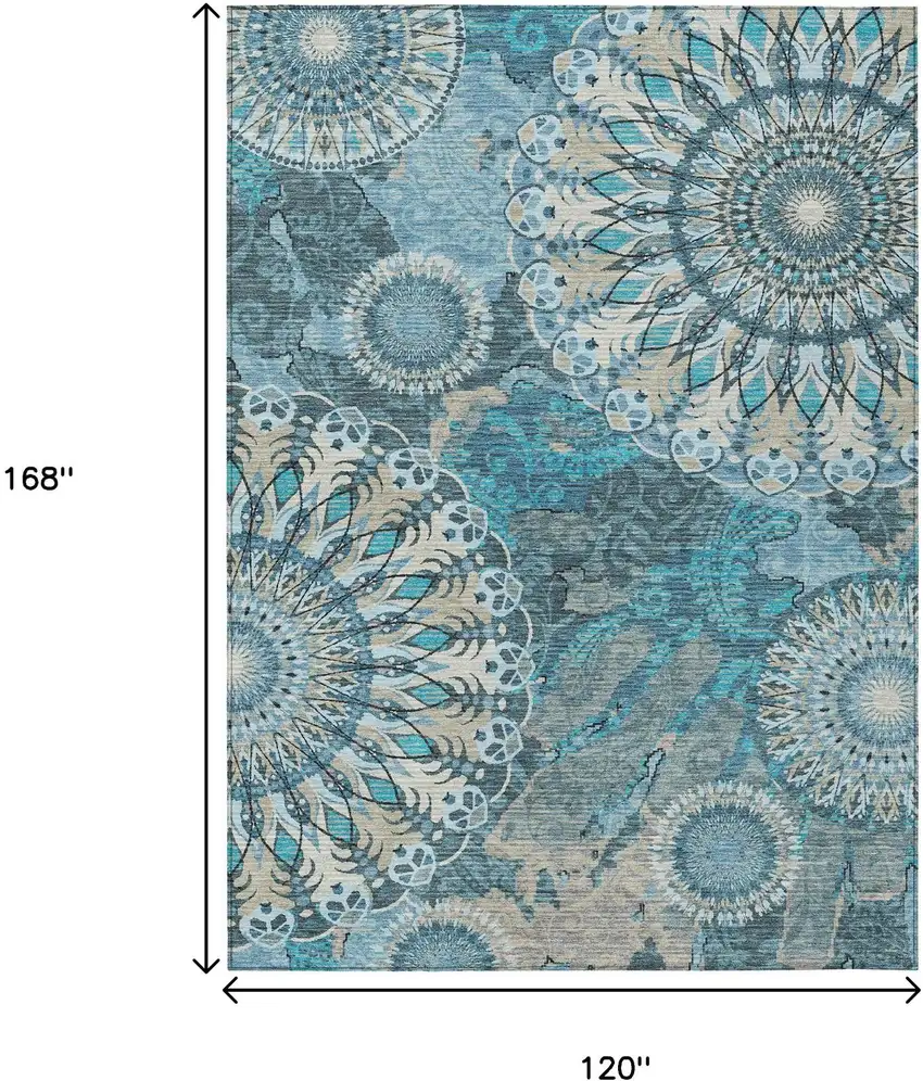 Teal Blue Khaki And Ivory Paisley Washable Indoor Outdoor Area Rug Photo 3
