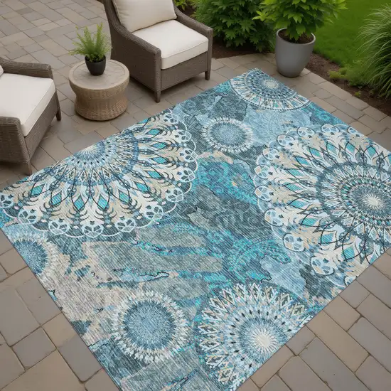 Teal Blue Khaki And Ivory Paisley Washable Indoor Outdoor Area Rug Photo 8