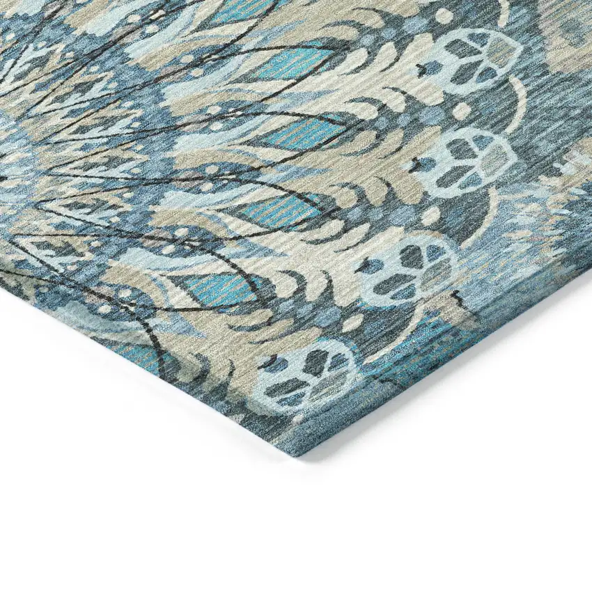Teal Blue Khaki And Ivory Paisley Washable Indoor Outdoor Area Rug Photo 5