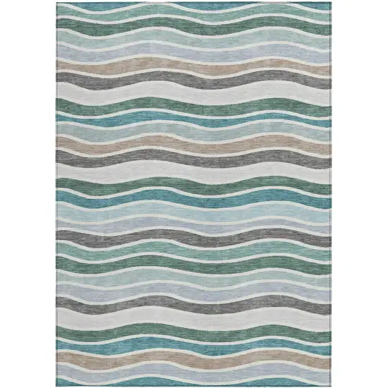 Teal Blue Khaki And Ivory Striped Washable Indoor Outdoor Area Rug Photo 4