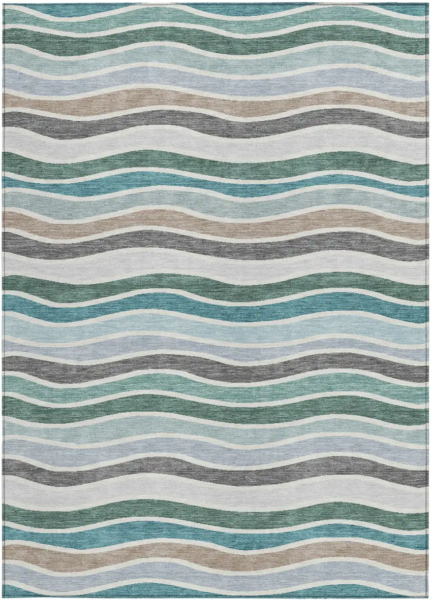 Teal Blue Khaki And Ivory Striped Washable Indoor Outdoor Area Rug Photo 4