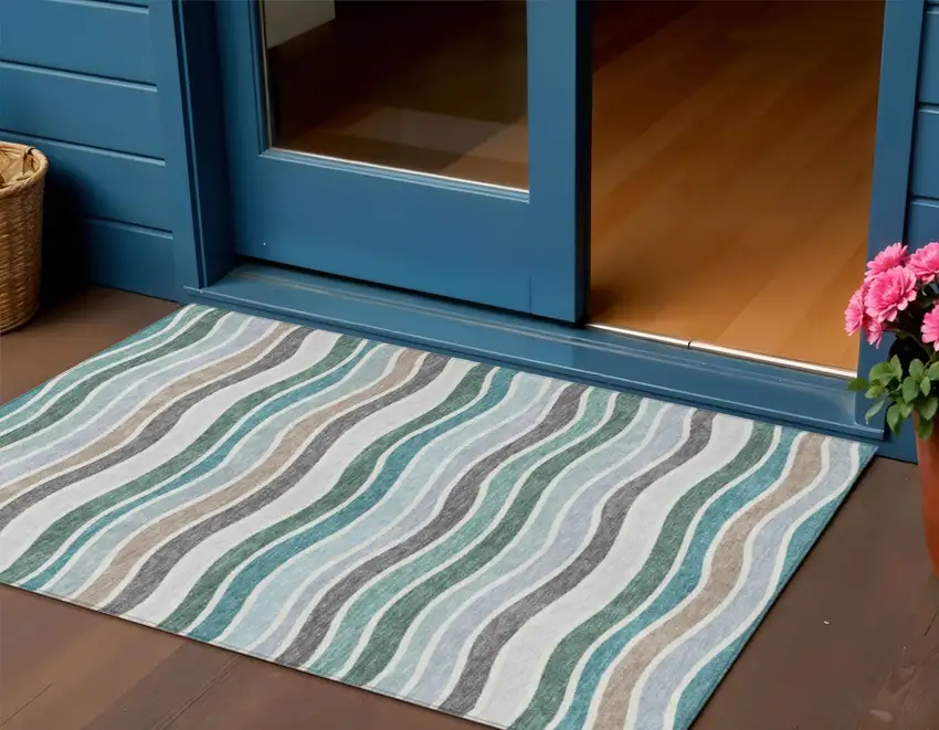 Teal Blue Khaki And Ivory Striped Washable Indoor Outdoor Area Rug Photo 1