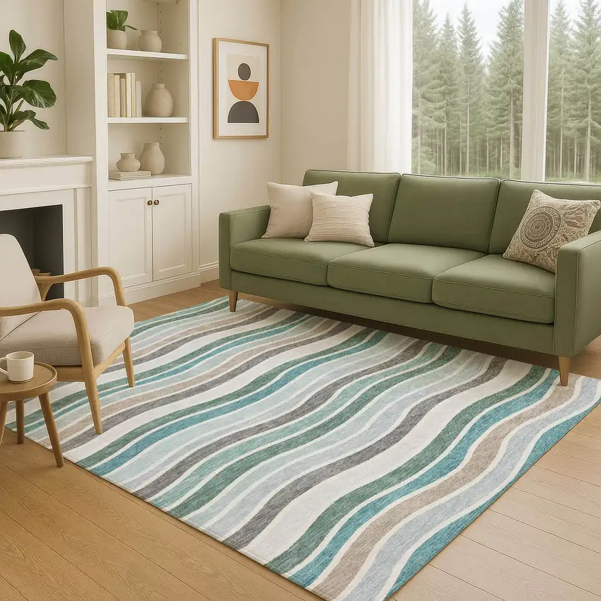 Teal Blue Khaki And Ivory Striped Washable Indoor Outdoor Area Rug Photo 8