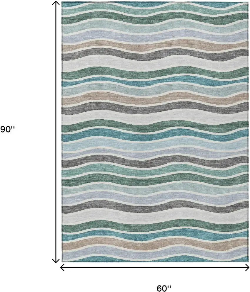 Teal Blue Khaki And Ivory Striped Washable Indoor Outdoor Area Rug Photo 3