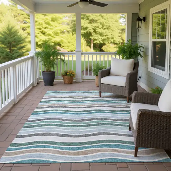 Teal Blue Khaki And Ivory Striped Washable Indoor Outdoor Area Rug Photo 9