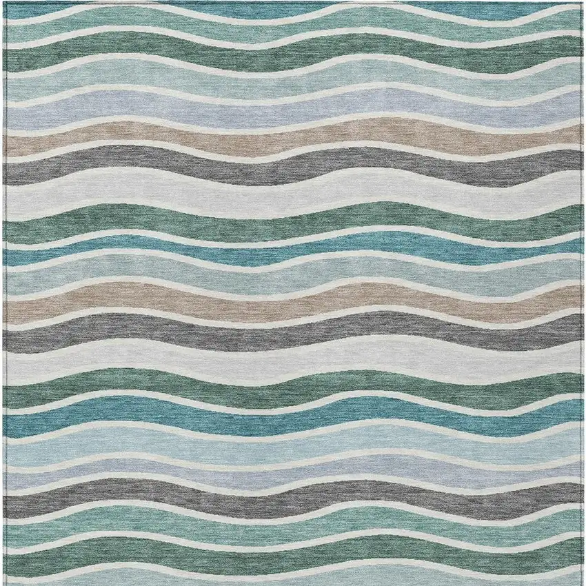 Teal Blue Khaki And Ivory Striped Washable Indoor Outdoor Area Rug Photo 6