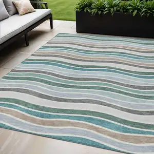 Photo of Teal Blue Khaki And Ivory Striped Washable Indoor Outdoor Area Rug