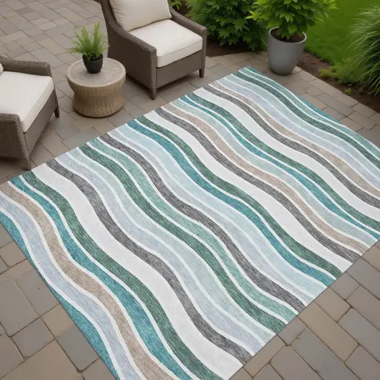 Teal Blue Khaki And Ivory Striped Washable Indoor Outdoor Area Rug Photo 7