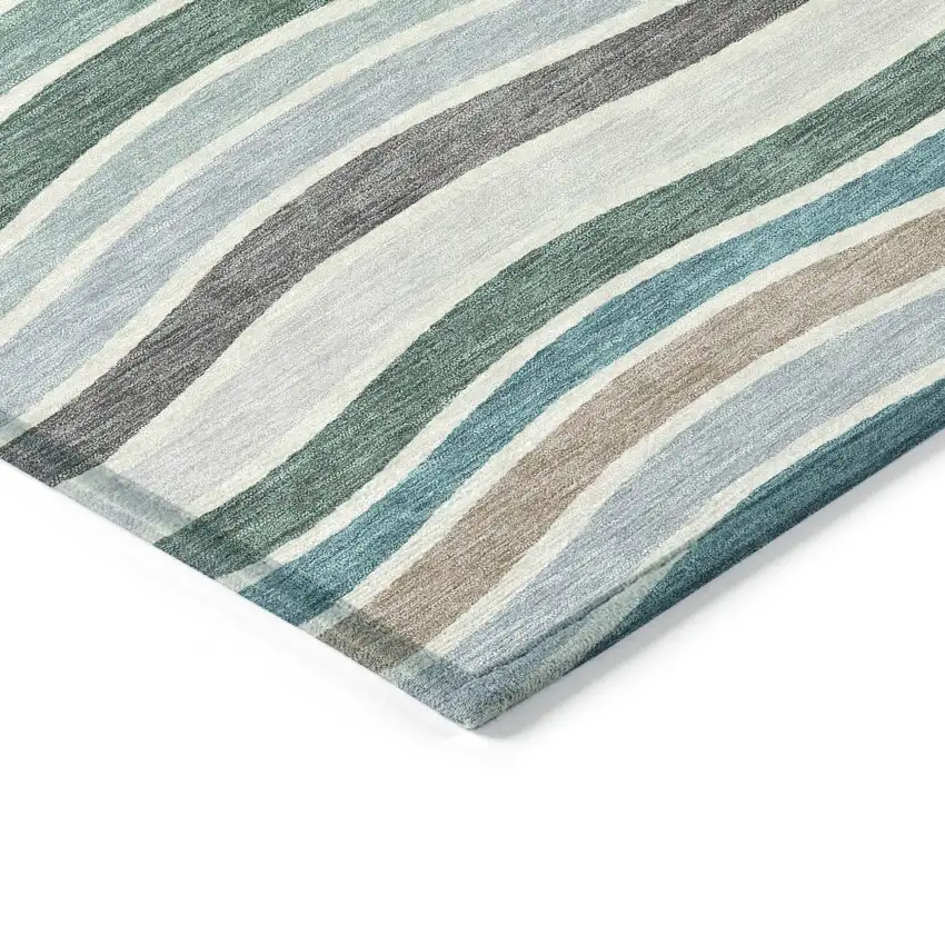Teal Blue Khaki And Ivory Striped Washable Indoor Outdoor Area Rug Photo 5