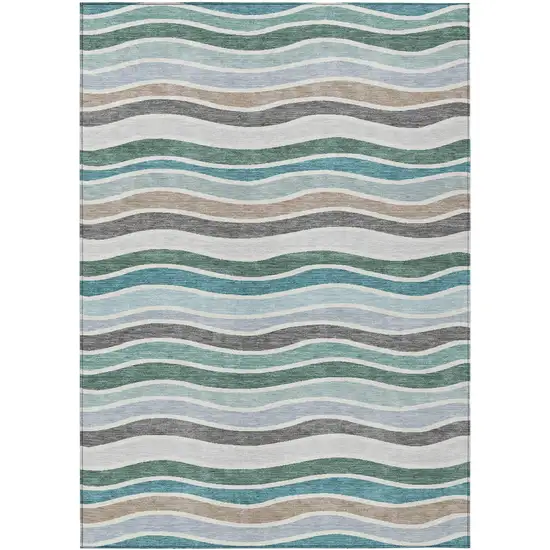 Teal Blue Khaki And Ivory Striped Washable Indoor Outdoor Area Rug Photo 2