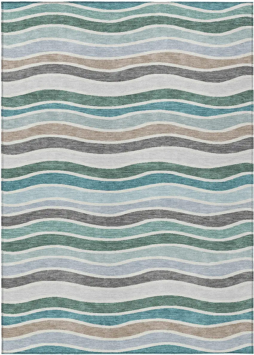 Teal Blue Khaki And Ivory Striped Washable Indoor Outdoor Area Rug Photo 2