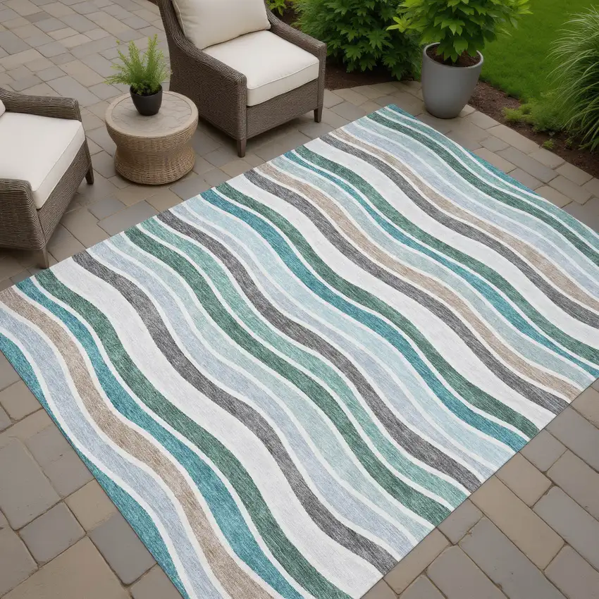 Teal Blue Khaki And Ivory Striped Washable Indoor Outdoor Area Rug Photo 7