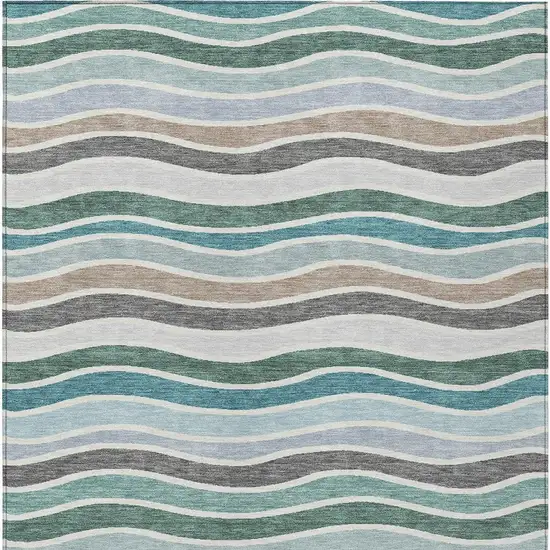 Teal Blue Khaki And Ivory Striped Washable Indoor Outdoor Area Rug Photo 6
