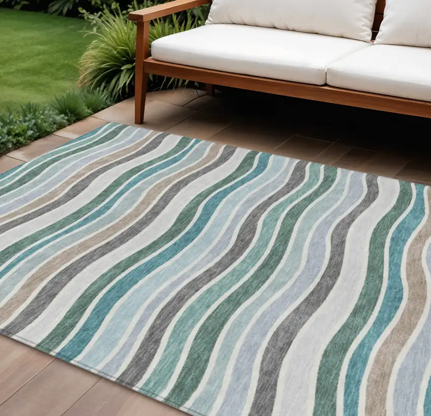 Teal Blue Khaki And Ivory Striped Washable Indoor Outdoor Area Rug Photo 1