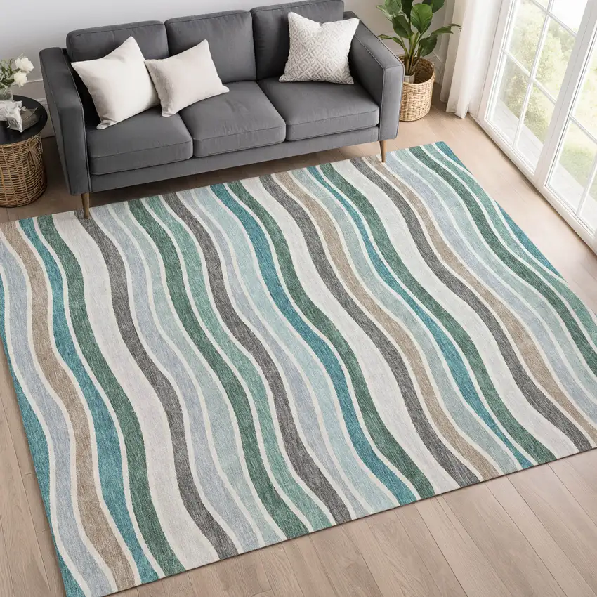 Teal Blue Khaki And Ivory Striped Washable Indoor Outdoor Area Rug Photo 9