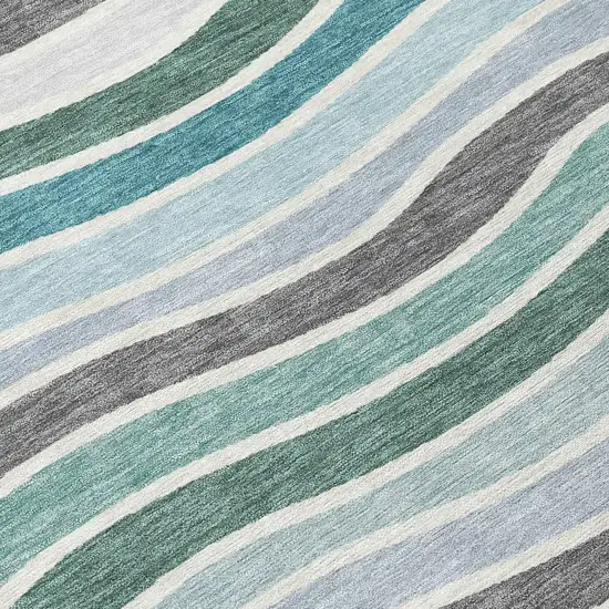 Teal Blue Khaki And Ivory Striped Washable Indoor Outdoor Area Rug Photo 7