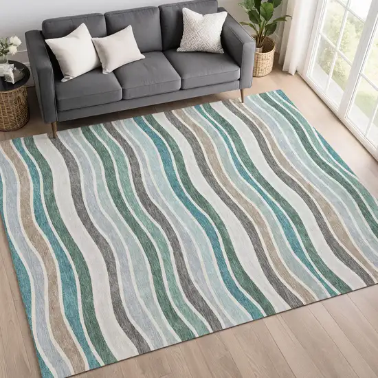 Teal Blue Khaki And Ivory Striped Washable Indoor Outdoor Area Rug Photo 9