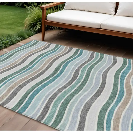 Teal Blue Khaki And Ivory Striped Washable Indoor Outdoor Area Rug Photo 1