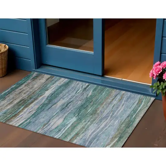 Teal Blue Khaki And Taupe Abstract Washable Indoor Outdoor Area Rug Photo 2