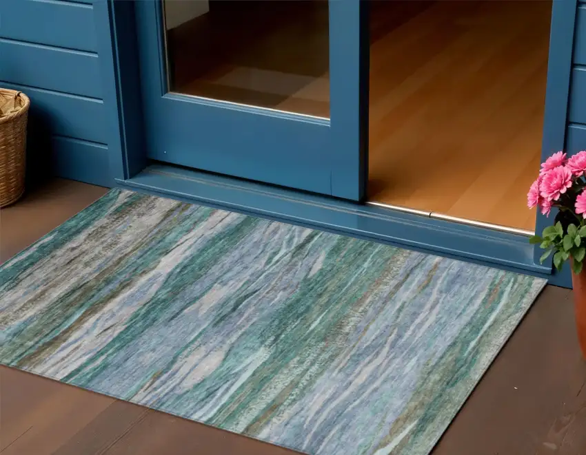 Teal Blue Khaki And Taupe Abstract Washable Indoor Outdoor Area Rug Photo 2