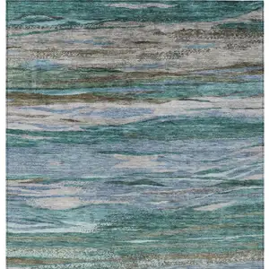 Photo of Teal Blue Khaki And Taupe Abstract Washable Indoor Outdoor Area Rug
