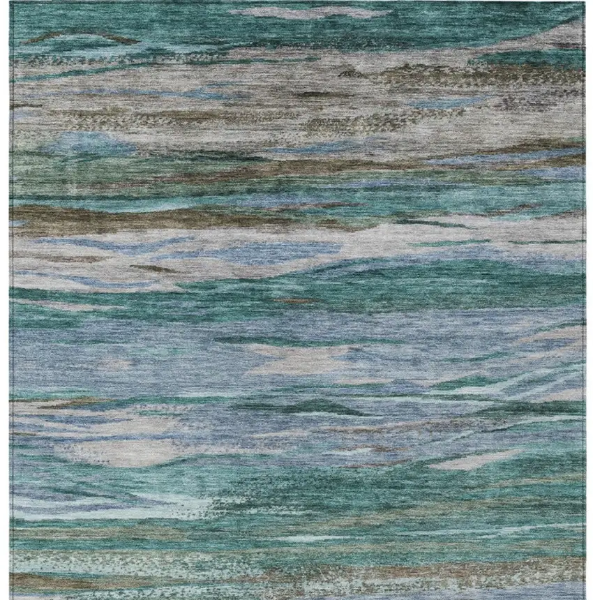 Teal Blue Khaki And Taupe Abstract Washable Indoor Outdoor Area Rug Photo 1