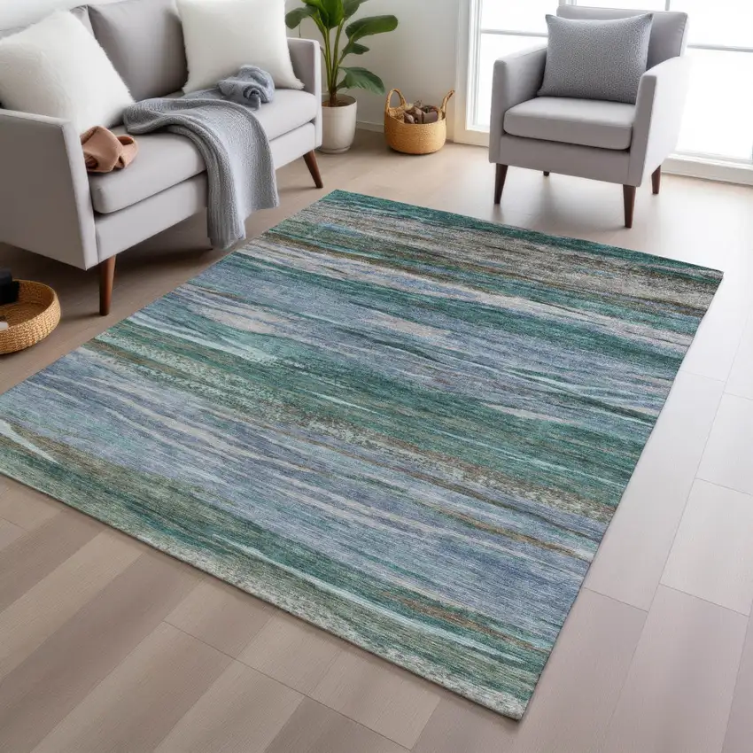 Teal Blue Khaki And Taupe Abstract Washable Indoor Outdoor Area Rug Photo 5