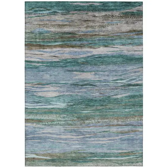 Teal Blue Khaki And Taupe Abstract Washable Indoor Outdoor Area Rug Photo 8