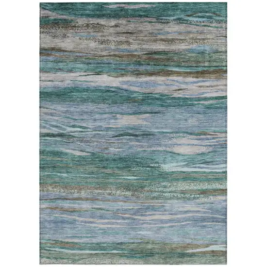 Teal Blue Khaki And Taupe Abstract Washable Indoor Outdoor Area Rug Photo 9