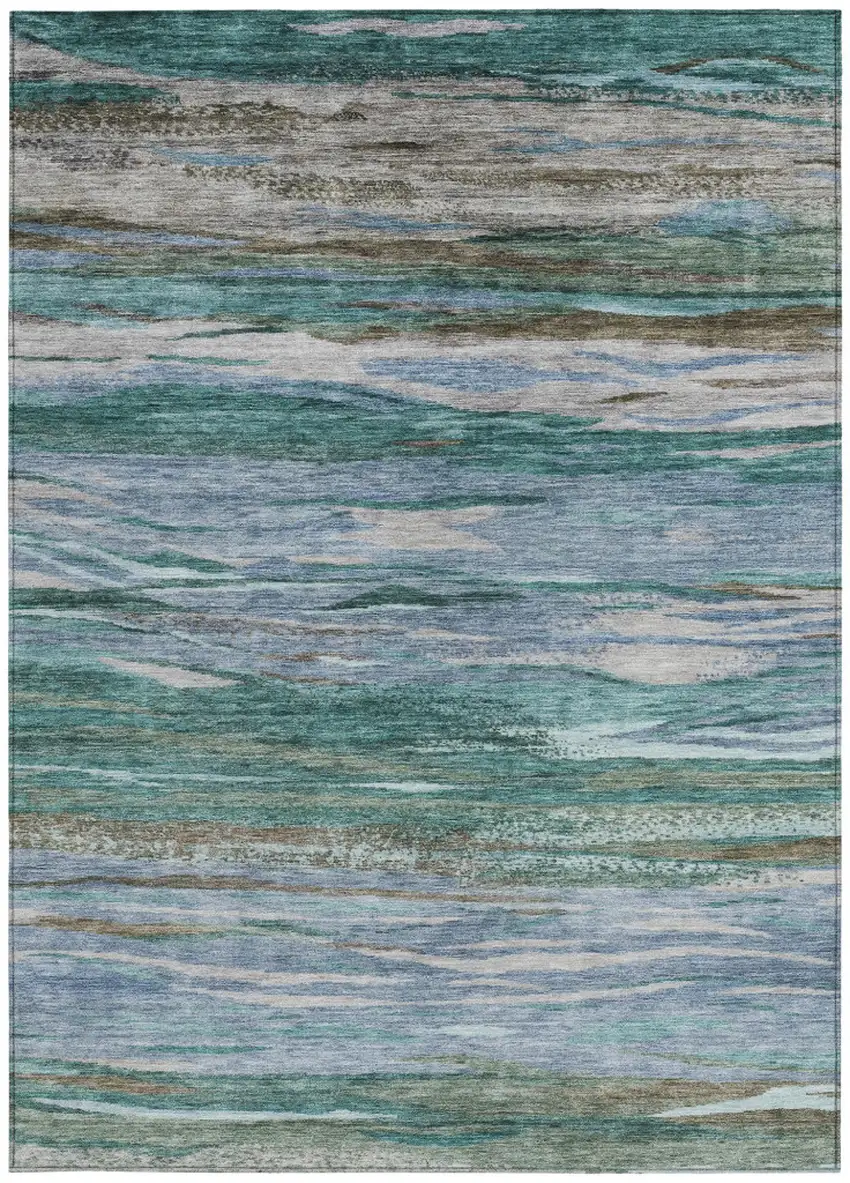 Teal Blue Khaki And Taupe Abstract Washable Indoor Outdoor Area Rug Photo 9
