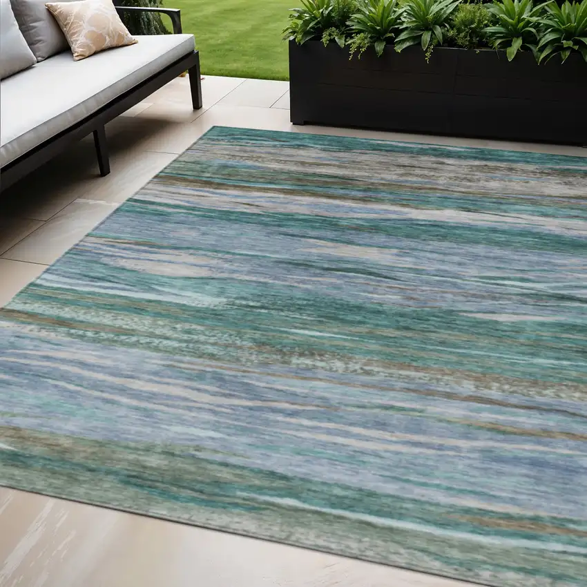 Teal Blue Khaki And Taupe Abstract Washable Indoor Outdoor Area Rug Photo 2