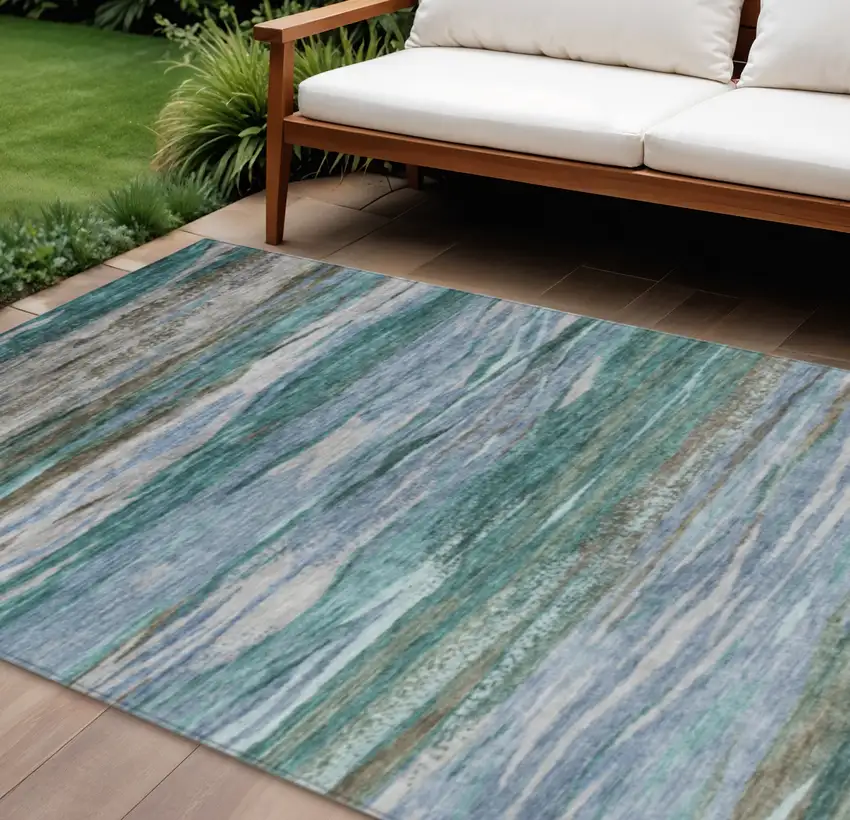 Teal Blue Khaki And Taupe Abstract Washable Indoor Outdoor Area Rug Photo 2