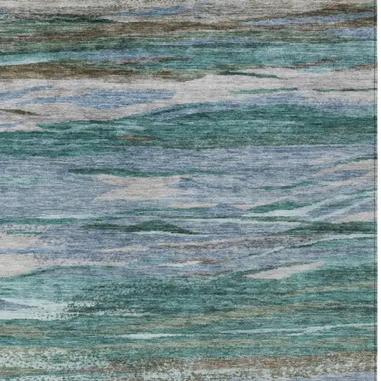 Teal Blue Khaki And Taupe Abstract Washable Indoor Outdoor Area Rug Photo 6