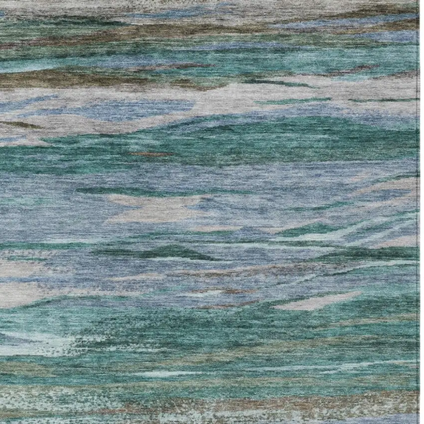 Teal Blue Khaki And Taupe Abstract Washable Indoor Outdoor Area Rug Photo 6