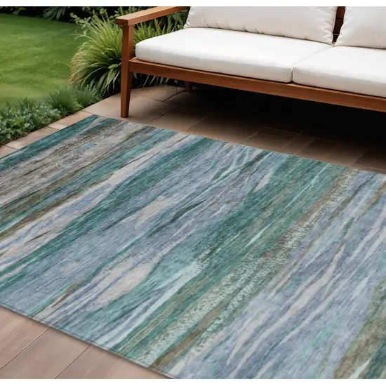 Teal Blue Khaki And Taupe Abstract Washable Indoor Outdoor Area Rug Photo 2