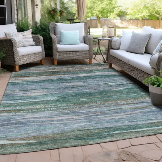 Teal Blue Khaki And Taupe Abstract Washable Indoor Outdoor Area Rug Photo 4