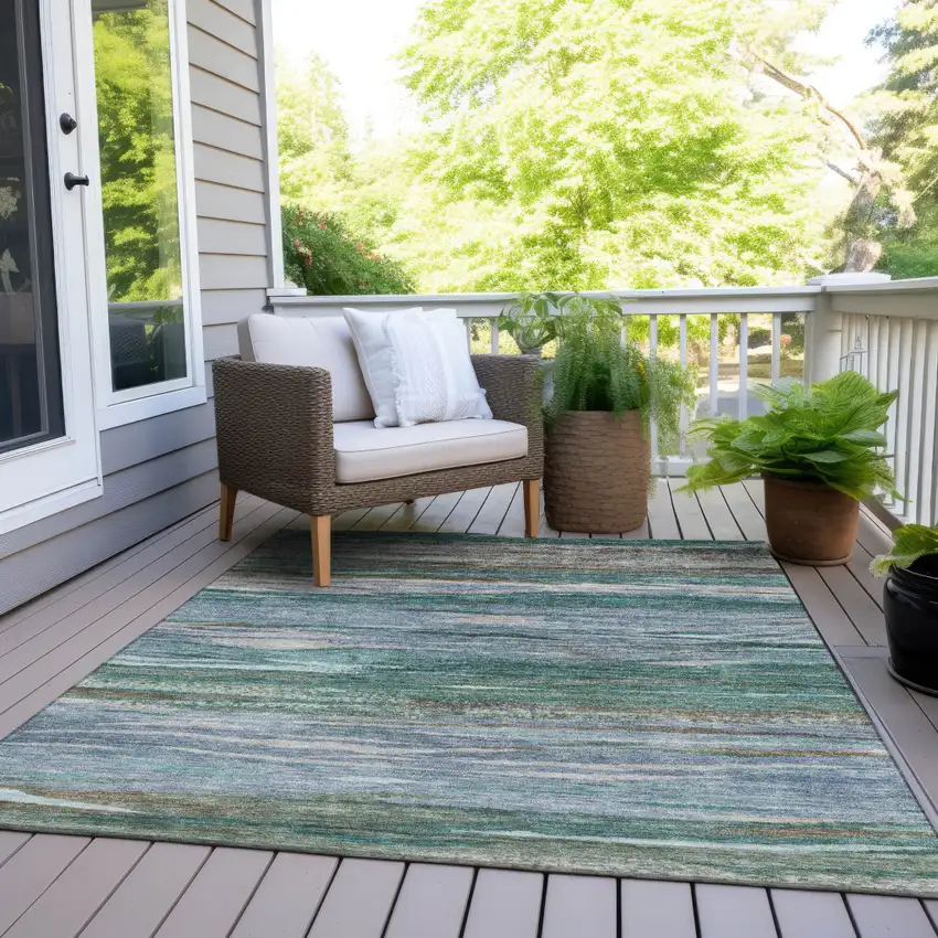 Teal Blue Khaki And Taupe Abstract Washable Indoor Outdoor Area Rug Photo 7
