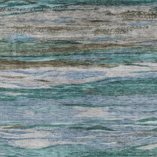 Teal Blue Khaki And Taupe Abstract Washable Indoor Outdoor Area Rug Photo 6