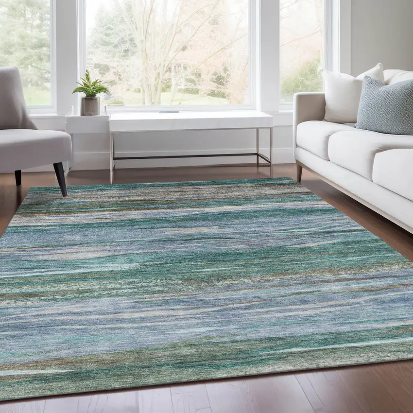 Teal Blue Khaki And Taupe Abstract Washable Indoor Outdoor Area Rug Photo 6