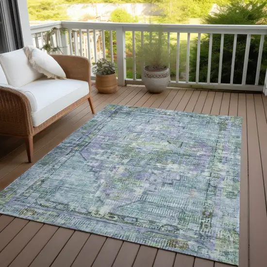 Teal Blue Lavender And Ivory Oriental Washable Indoor Outdoor Area Rug Photo 5