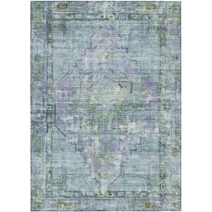 Photo of Teal Blue Lavender And Ivory Oriental Washable Indoor Outdoor Area Rug