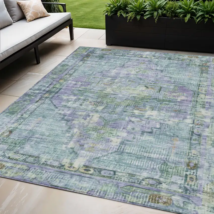 Teal Blue Lavender And Ivory Oriental Washable Indoor Outdoor Area Rug Photo 2