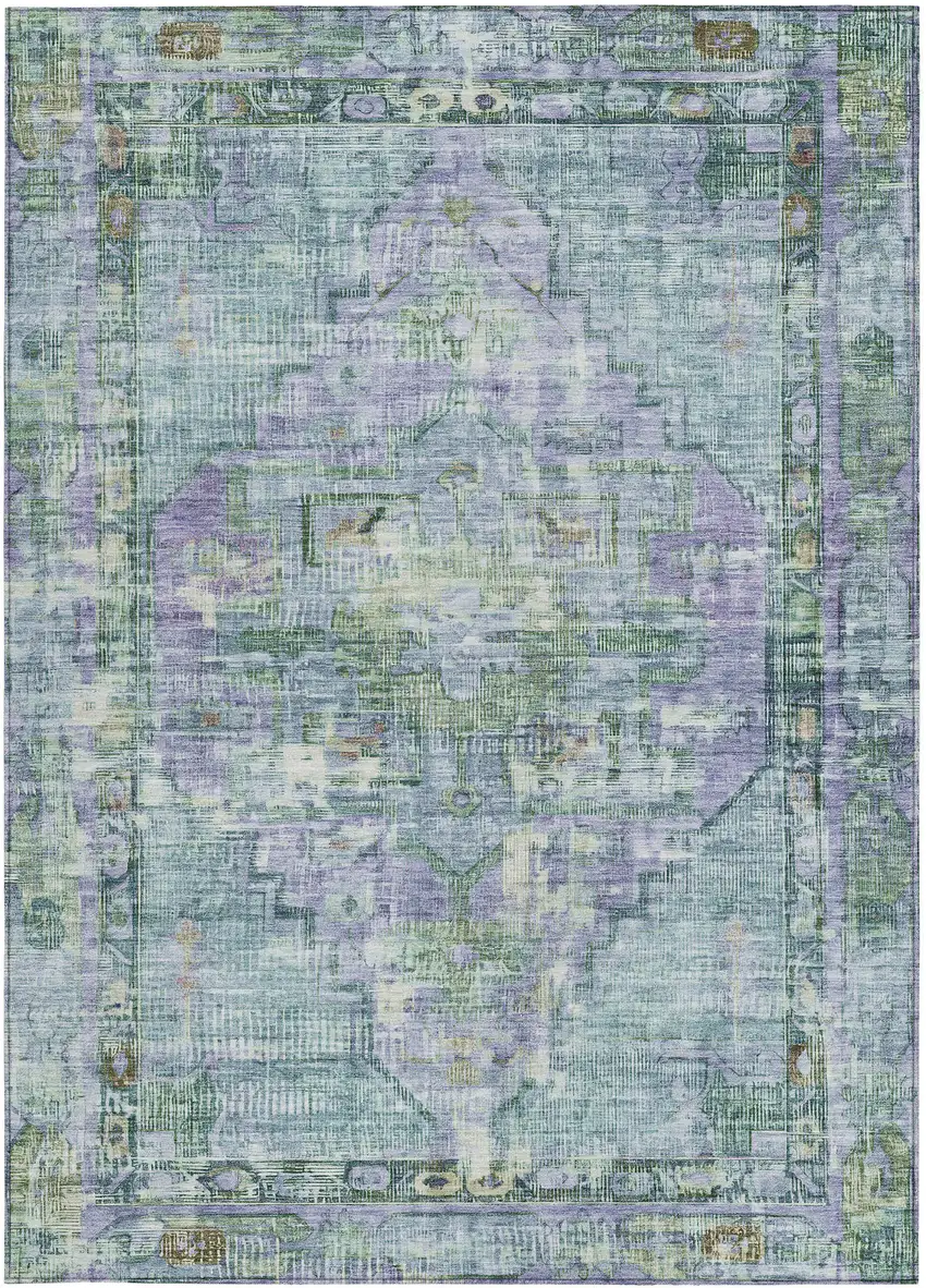 Teal Blue Lavender And Ivory Oriental Washable Indoor Outdoor Area Rug Photo 3