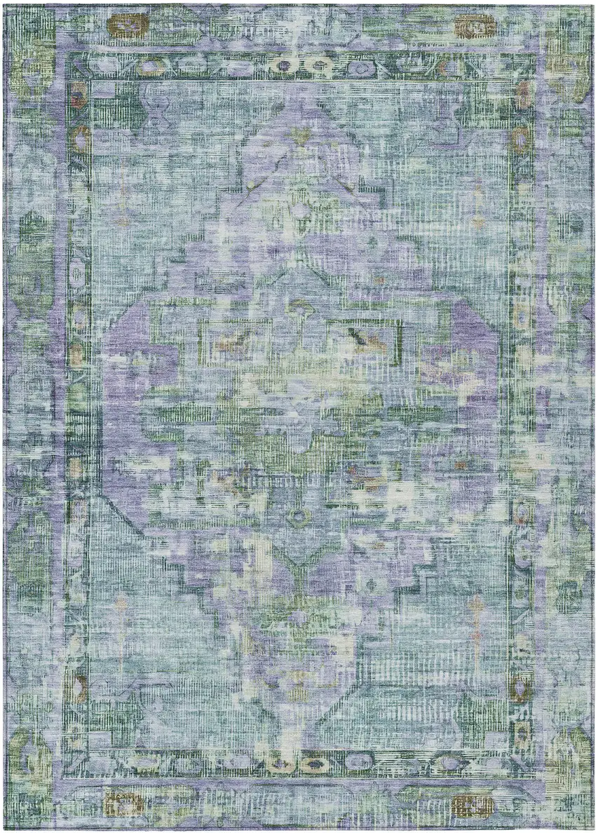 Teal Blue Lavender And Ivory Oriental Washable Indoor Outdoor Area Rug Photo 1