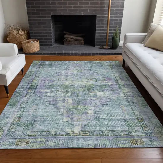 Teal Blue Lavender And Ivory Oriental Washable Indoor Outdoor Area Rug Photo 7