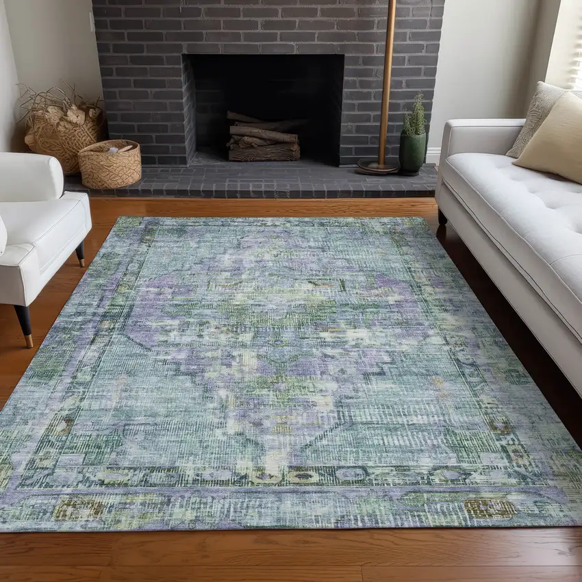 Teal Blue Lavender And Ivory Oriental Washable Indoor Outdoor Area Rug Photo 7