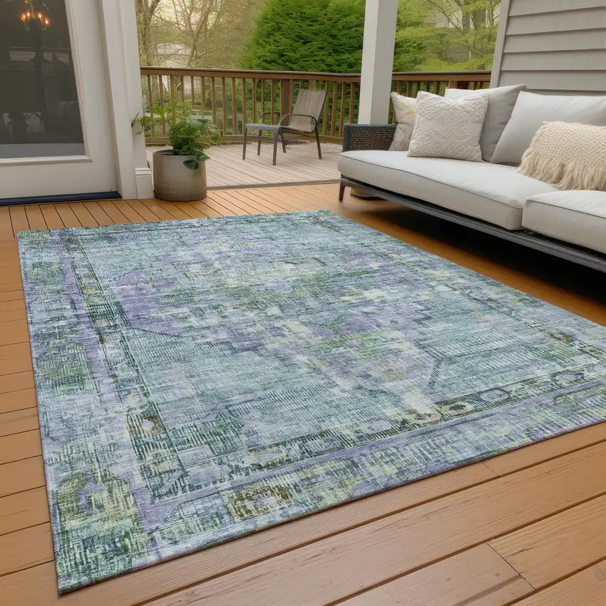 Teal Blue Lavender And Ivory Oriental Washable Indoor Outdoor Area Rug Photo 8