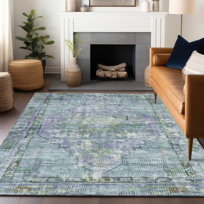 Teal Blue Lavender And Ivory Oriental Washable Indoor Outdoor Area Rug Photo 6